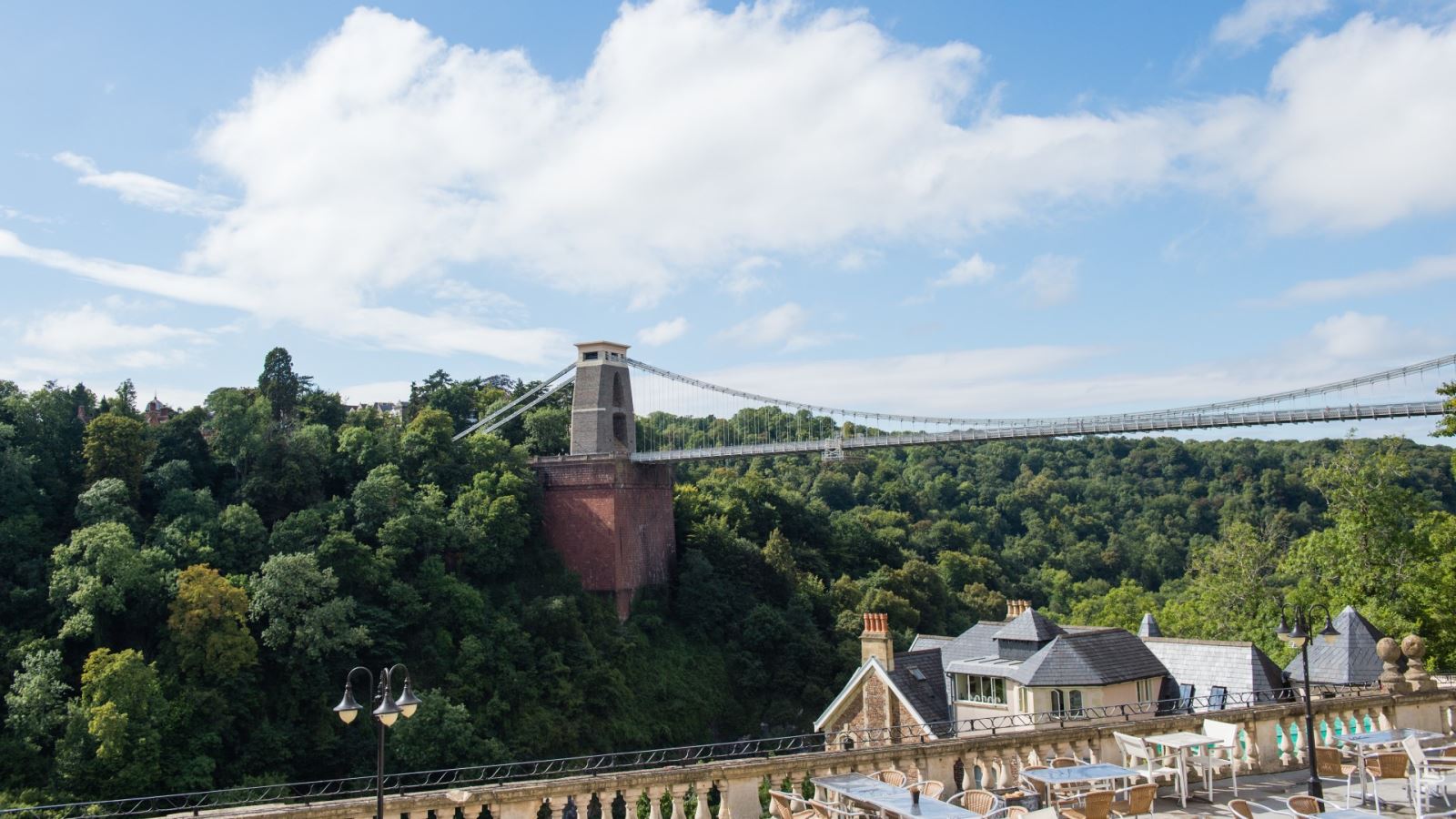 View over Avon Gorge by Hotel du Vin terrace and Clifton Suspension Bridge 